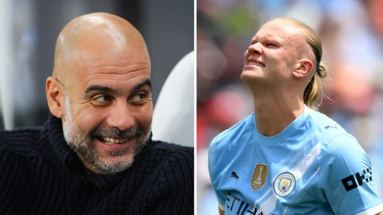 Split image - Pep Guardiola laughing on the Man City bench (left) Erling Haaland grimaces during Man City match (right)