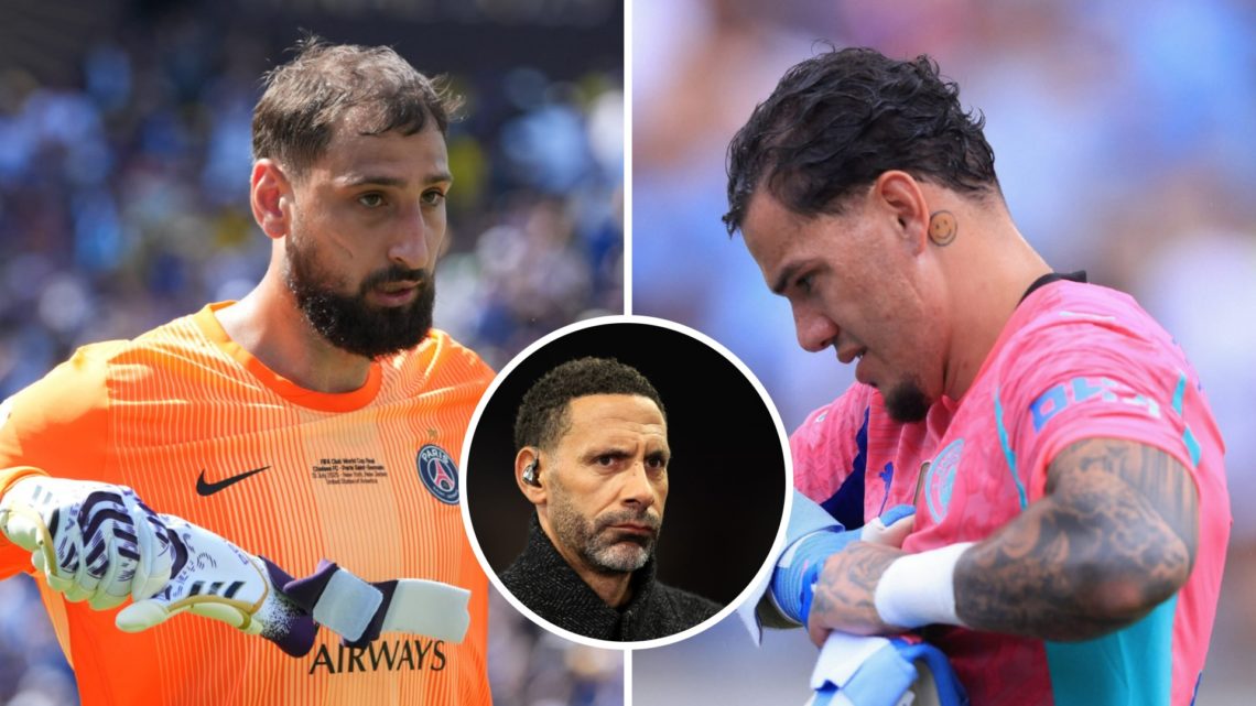 Split image - Gianluigi Donnarumma taking off his gloves (left) Ederson in action for Manchester City (right) inset of Rio Ferdinand (middle)