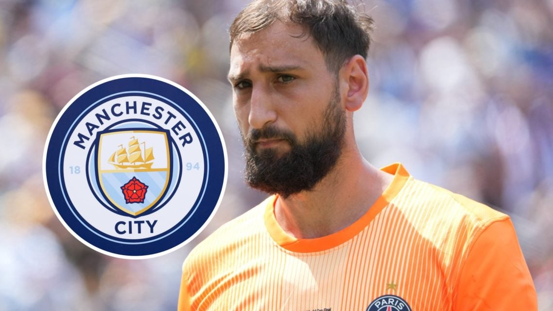 Gianluigi Donnarumma in action for PSG (main image) inset of the Man City badge (middle left)