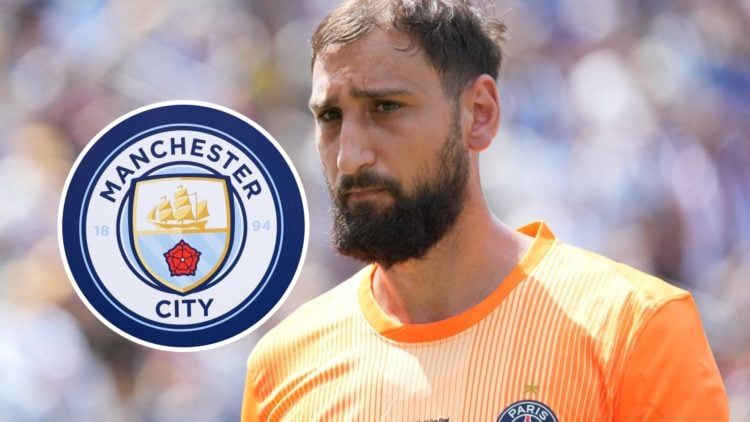 Gianluigi Donnarumma in action for PSG (main image) inset of the Man City badge (middle left)