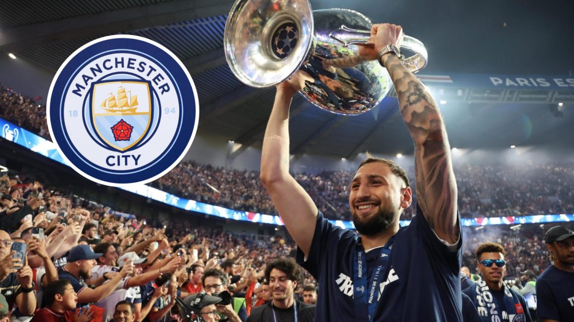 Gianluigi Donnarumma with inset of Manchester City badge