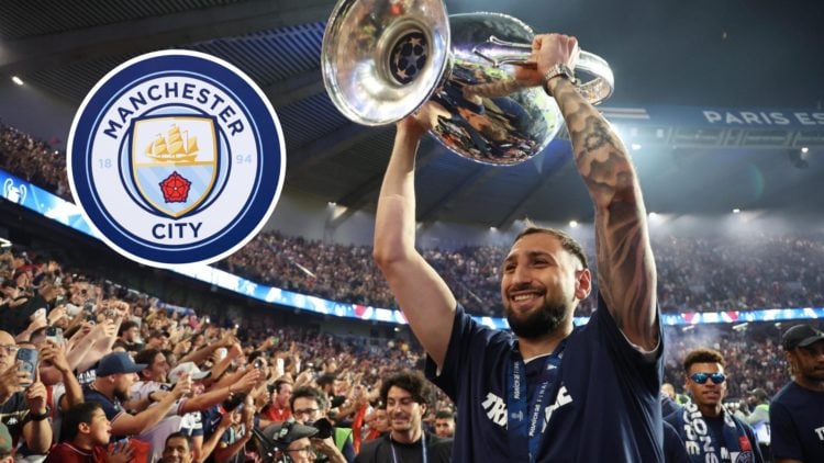 Gianluigi Donnarumma with inset of Manchester City badge