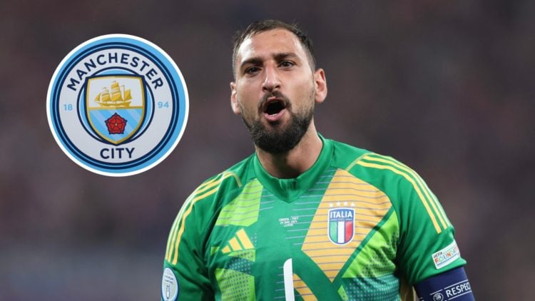Italy goalkeeper Gianluigi Donnarumma with inset of Manchester City badge