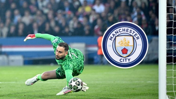 PSG's Gianluigi Donnarumma in action against Arsenal with inset of Manchester City badge