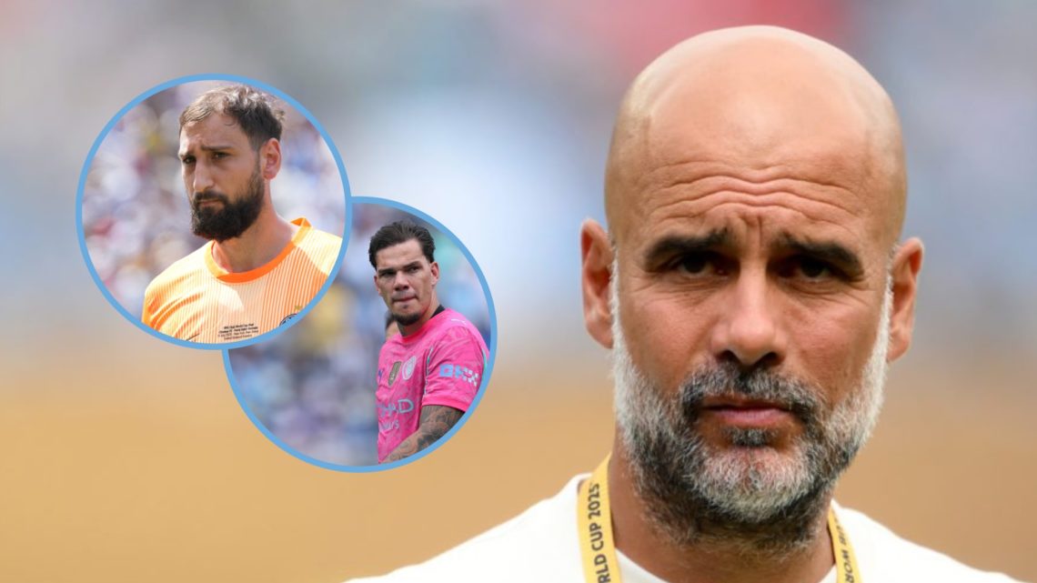 Close up image of Pep Guardiola. Insets: Ederson and Gianluigi Donnarumma.