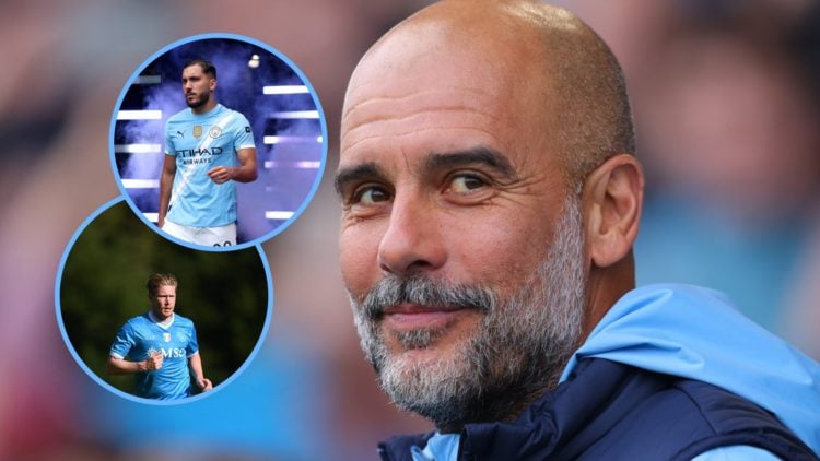Close up image of Pep Guardiola smiling. Insets: Rayan Cherki introduced as a Man City player. Kevin De Bruyne in training for Napoli.