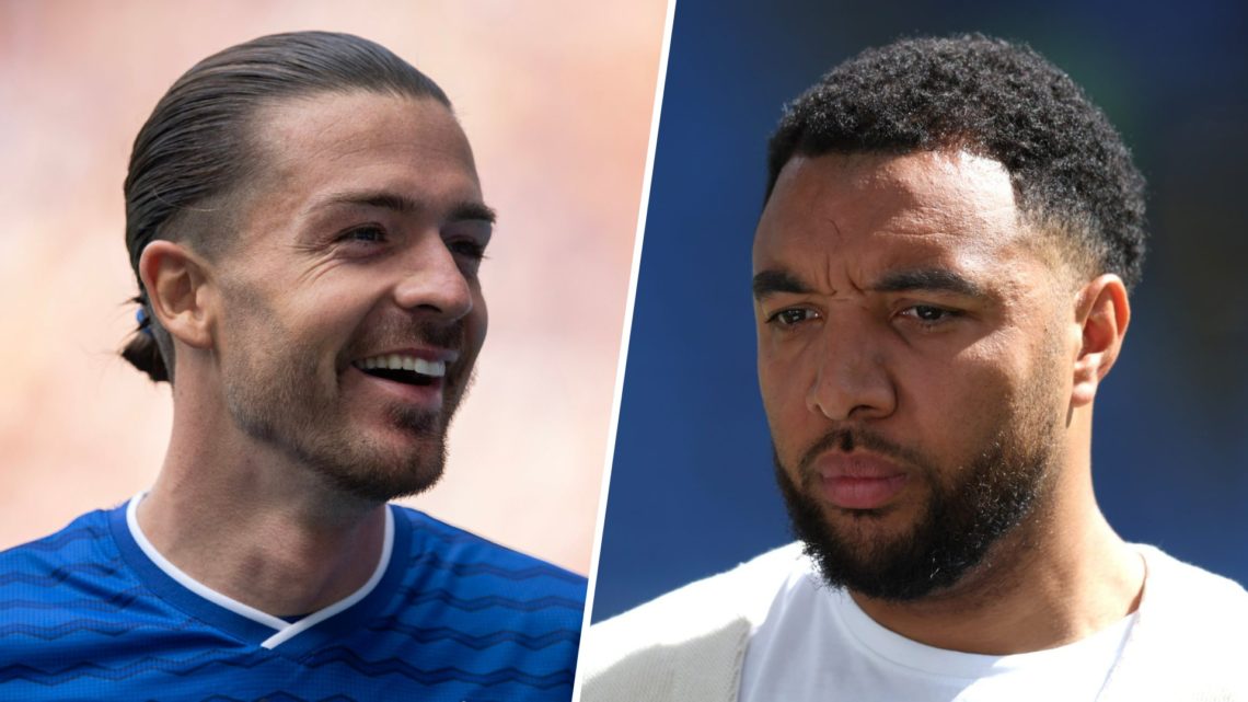 Split image - Jack Grealish with a smile on his face (left) Troy Deeney doing punditry work (right)