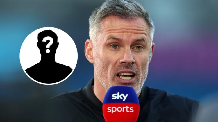 Jamie Carragher speaking into a Sky Sports microphone (main image) mystery player inset (top left corner)