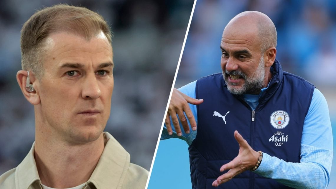 Split image - Joe Hart working as a pundit (left) Pep Guardiola giving instructions to his Man City players (right)