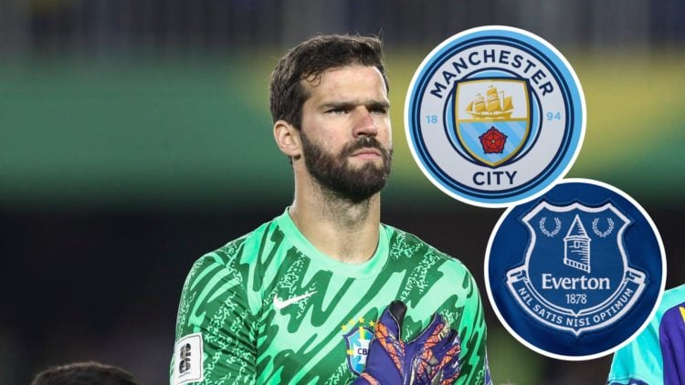 Liverpool goalkeeper Alisson Becker with insets of Manchester City and Everton badges