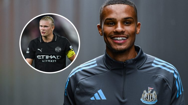 Malick Thiaw smiles in a Newcastle tracksuit (main image) inset of Erling Haaland (top left corner)