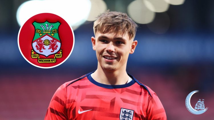 Manchester City defender Callum Doyle with inset of Wrexham badge