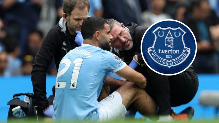 Rayan Ait-Nouri down injured during a Premier League clash between Manchester City and Tottenham, Everton badge inset