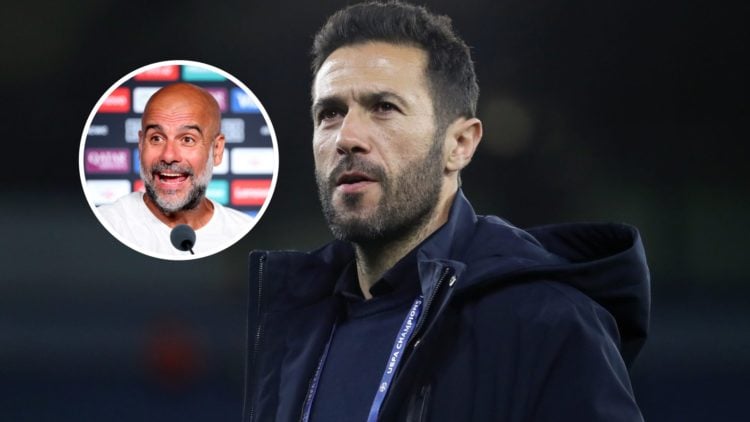 Manchester City director Hugo Viana with inset of Pep Guardiola