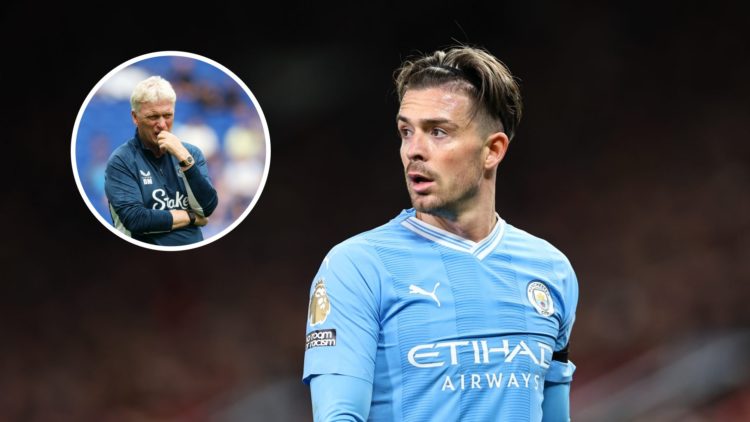 Manchester City winger Jack Grealish with inset of Everton manager David Moyes
