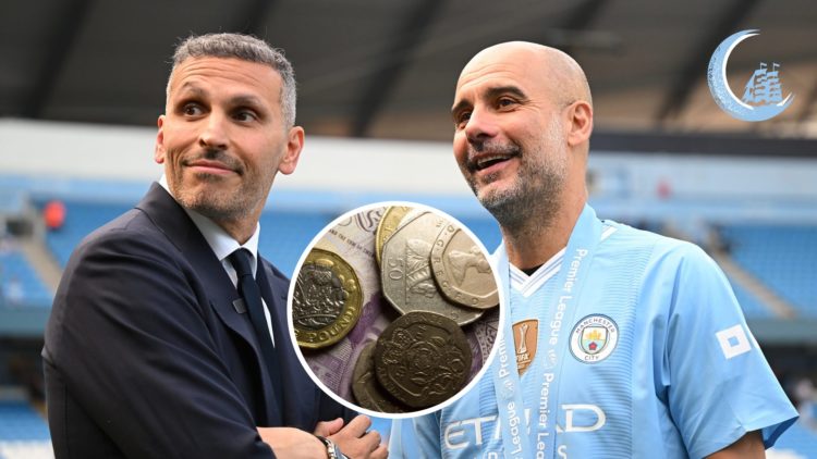 Manchester City chairman Khaldoon Al Mubarak and manager Pep Guardiola with inset of money