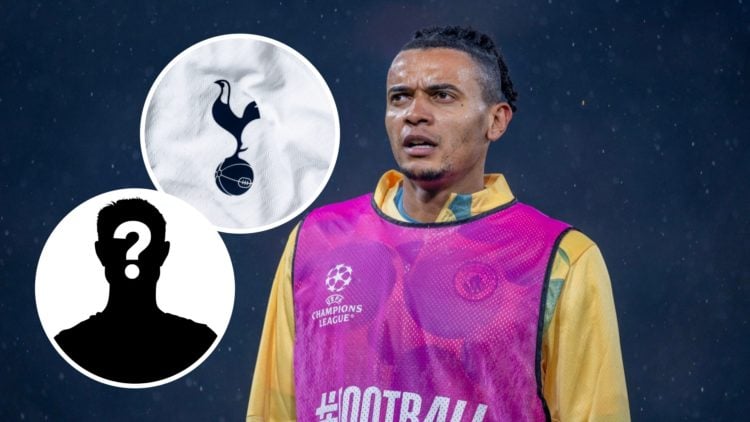Manchester City defender Manuel Akanji with inset of Tottenham badge and mystery silhouette