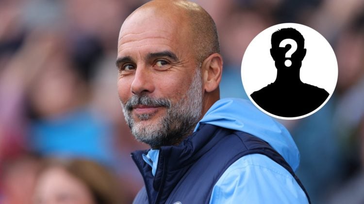 Manchester City manager Pep Guardiola with inset of mystery silhouette
