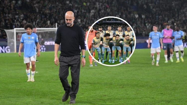 Manchester City manager Pep Guardiola with inset of squad