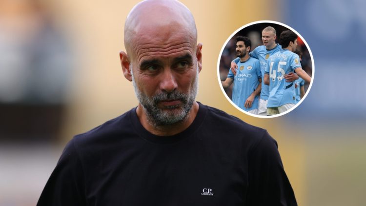 Manchester City manager Pep Guardiola with inset of Ilkay Gundogan, Erling Haaland and Abdukodir Khusanov