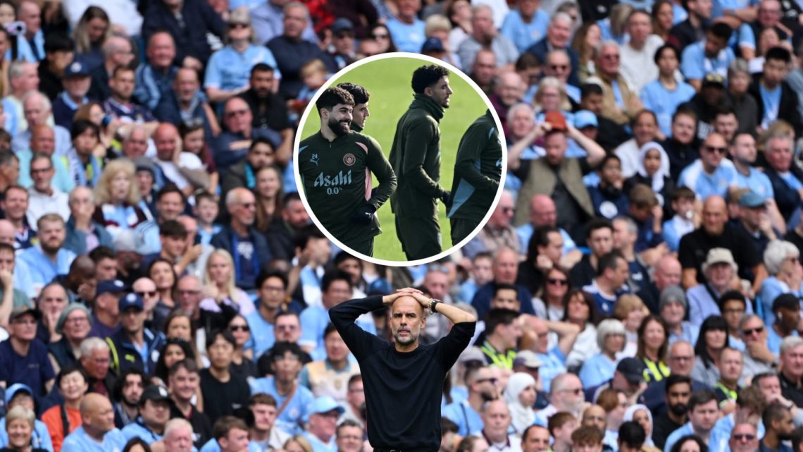 Manchester City manager Pep Guardiola with inset of Abdukodir Khusanov
