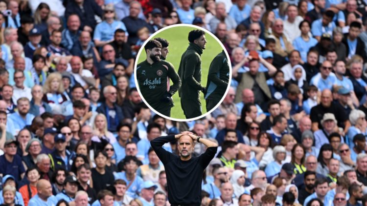 Manchester City manager Pep Guardiola with inset of Abdukodir Khusanov
