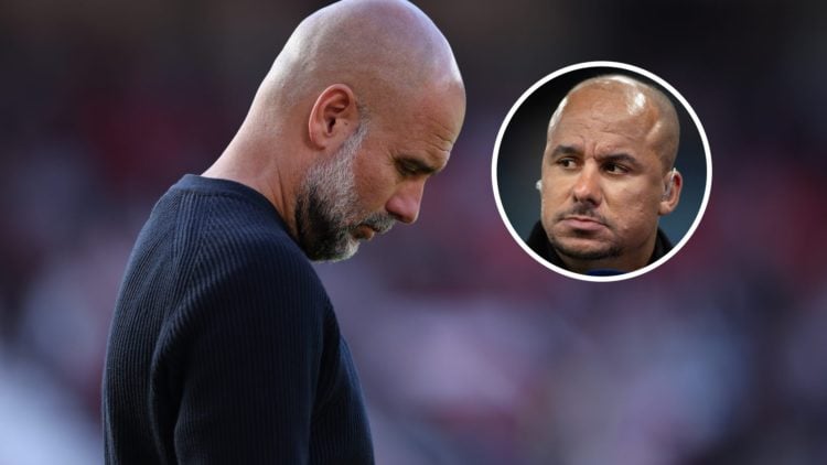 Manchester City manager Pep Guardiola with inset of Gabriel Agbonlahor
