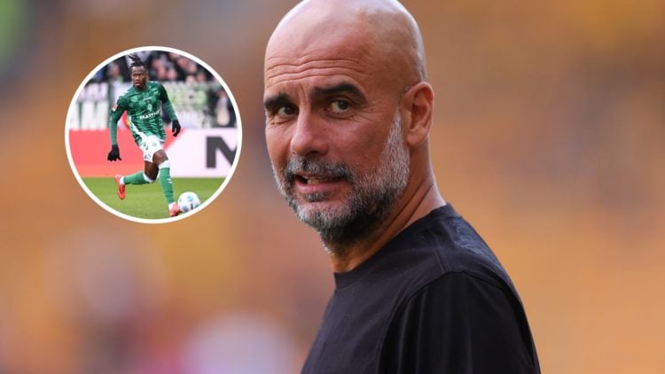 Manchester City manager Pep Guardiola with inset of Issa Kabore