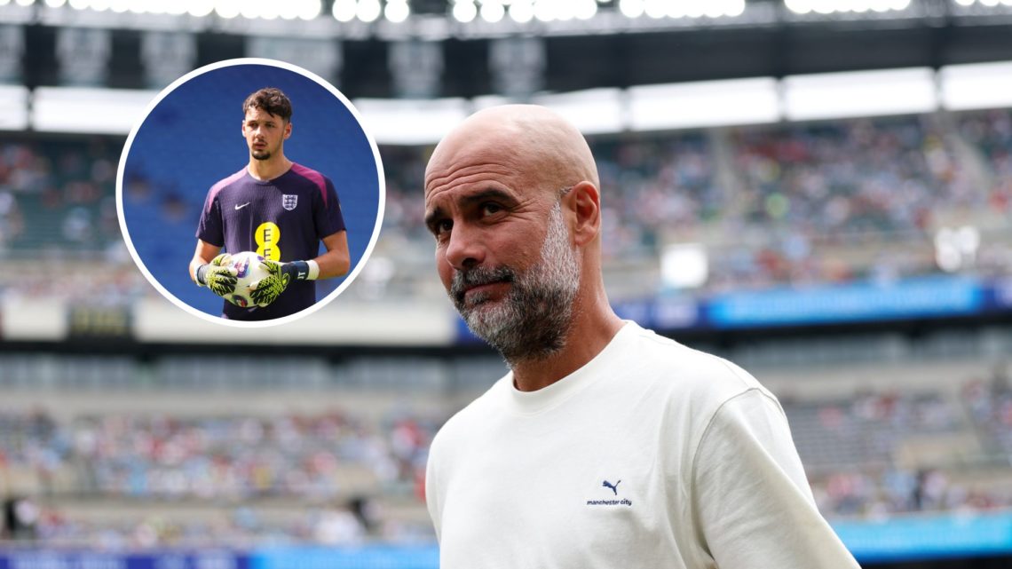 Manchester City manager Pep Guardiola with inset of James Trafford