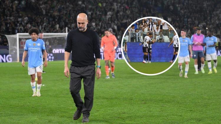 Manchester City manager Pep Guardiola with inset of Juventus midfielder Douglas Luiz