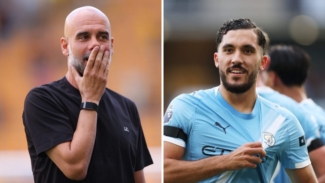 Split image of Manchester City manager Pep Guardiola and midfielder Rayan Cherki