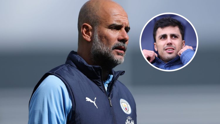 Manchester City manager Pep Guardiola with inset of Rodri