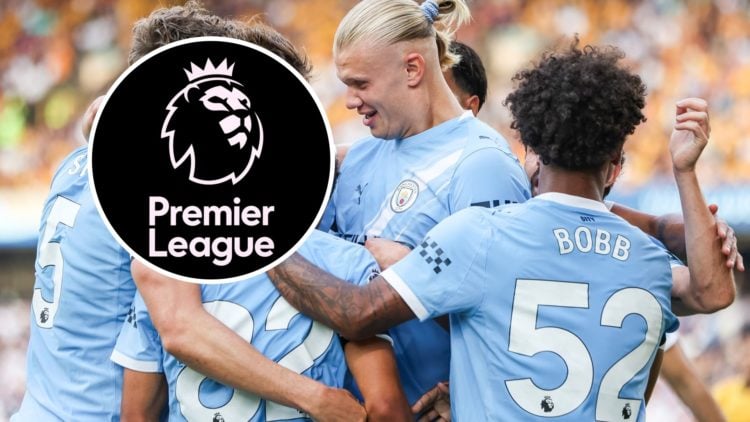 Manchester City players celebrate after scoring against Wolves, Premier League logo inset