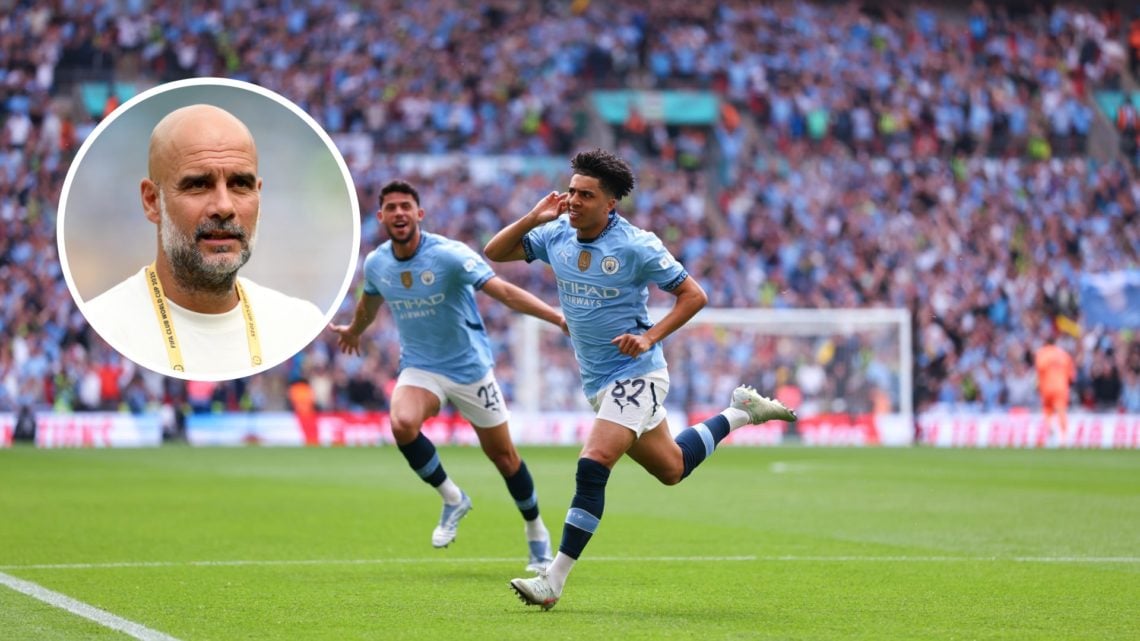 Manchester City defender Rico Lewis with inset of Pep Guardiola