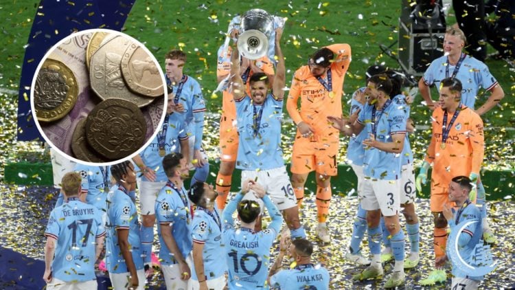 Manchester City midfielder Rodri lifting the Champions League trophy with inset of money