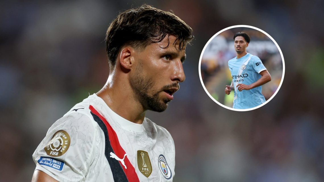 Manchester City defender Ruben Dias with inset of Tijjani Reijnders