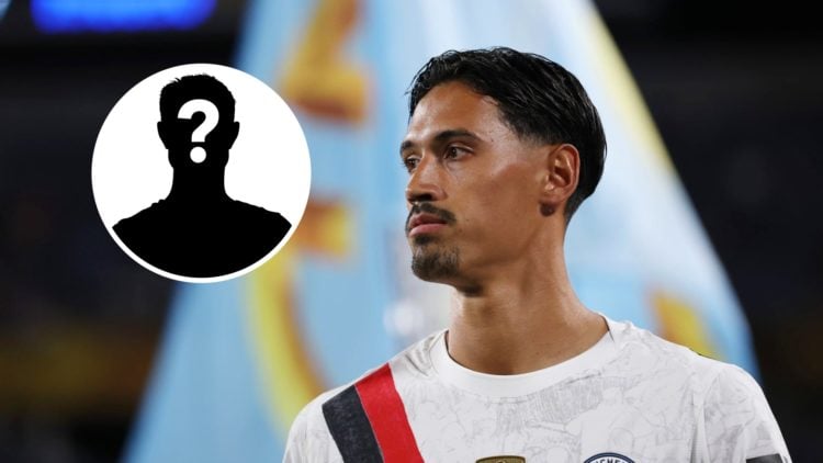 Manchester City midfielder Tijjani Reijnders with inset of mystery silhouette