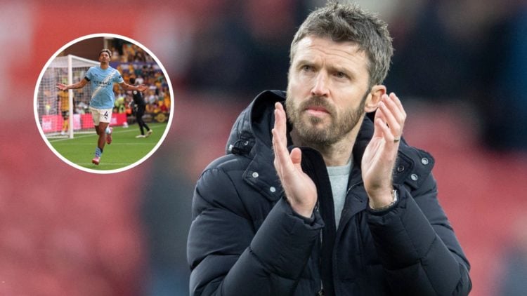 Manchester United legend Michael Carrick with inset of Manchester City midfielder Tijjani Reijnders
