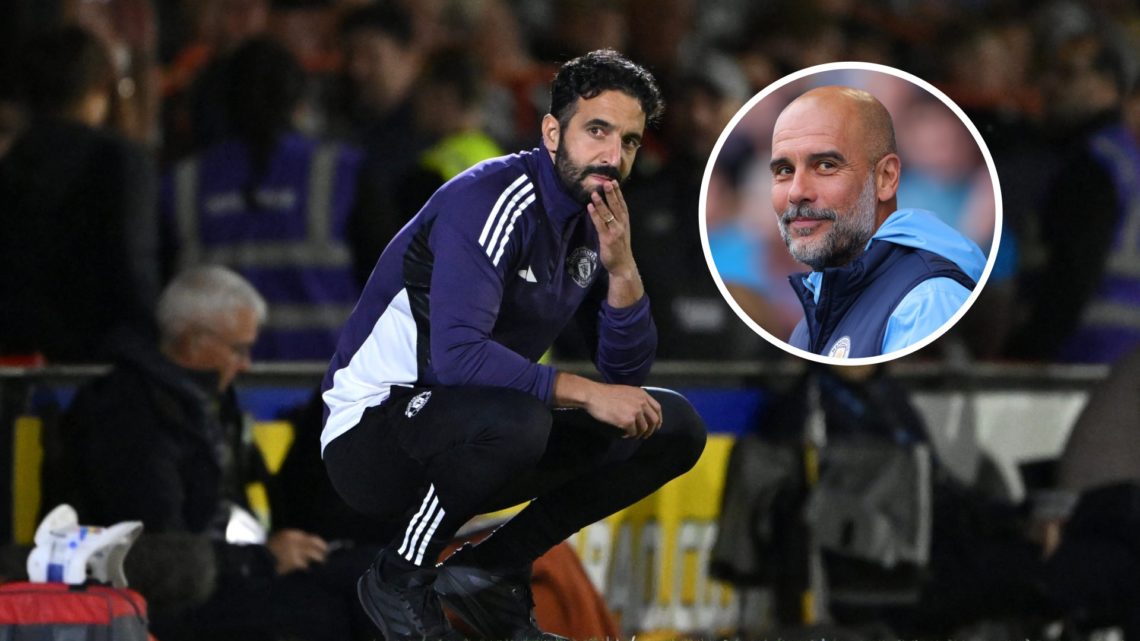 Manchester United manager Ruben Amorim with inset of Manchester City manager Pep Guardiola