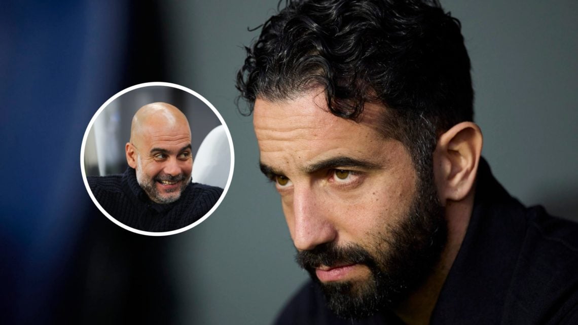 Manchester United manager Ruben Amorim with inset of Manchester City manager Pep Guardiola
