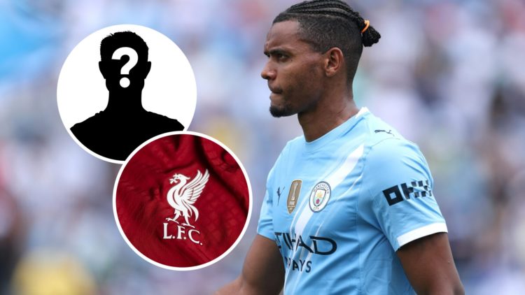 Manuel Akanji in action for Man City (main image) inset of the Liverpool badge (top left corner) mystery player inset (bottom left corner)