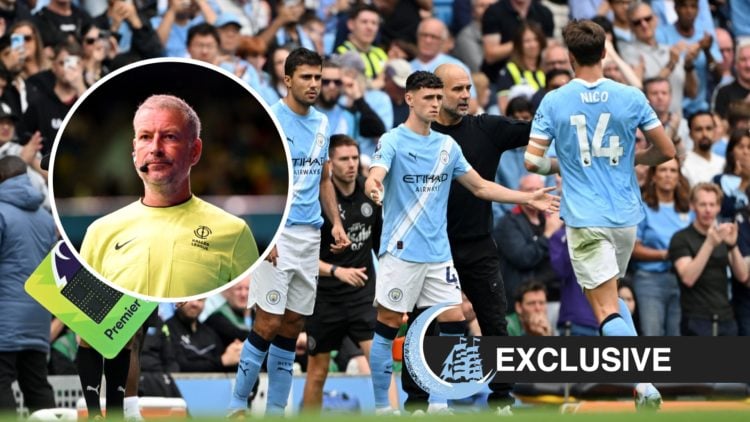 Phil Foden and Rodri prepare to come on for Manchester City against Tottenham, Mark Clattenburg, MCN logo and exclusive label inset