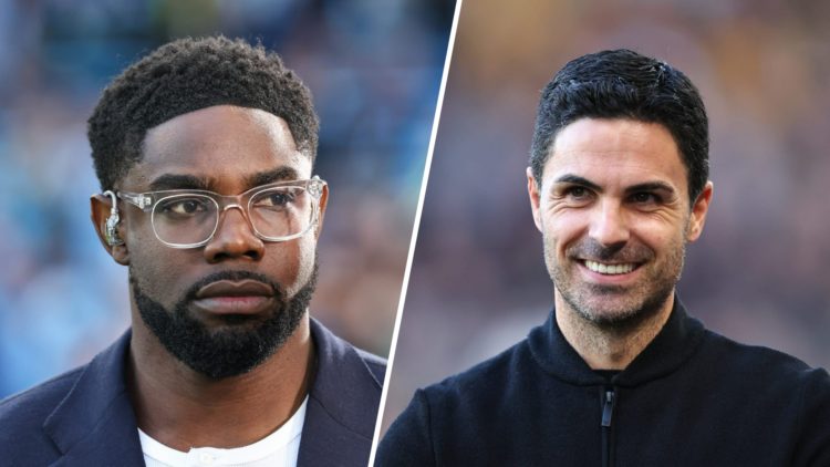 Split image - Micah Richards working as a pundit (left) Mikel Arteta with a smile on his face (right)
