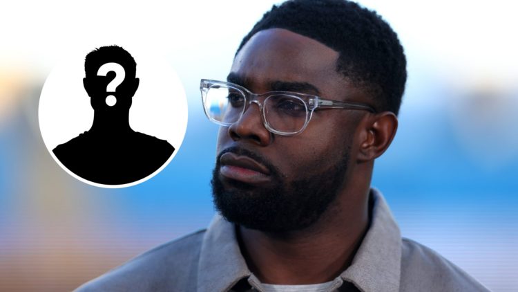 Close up of Micah Richards doing punditry work (main image) mystery player inset (top left corner)