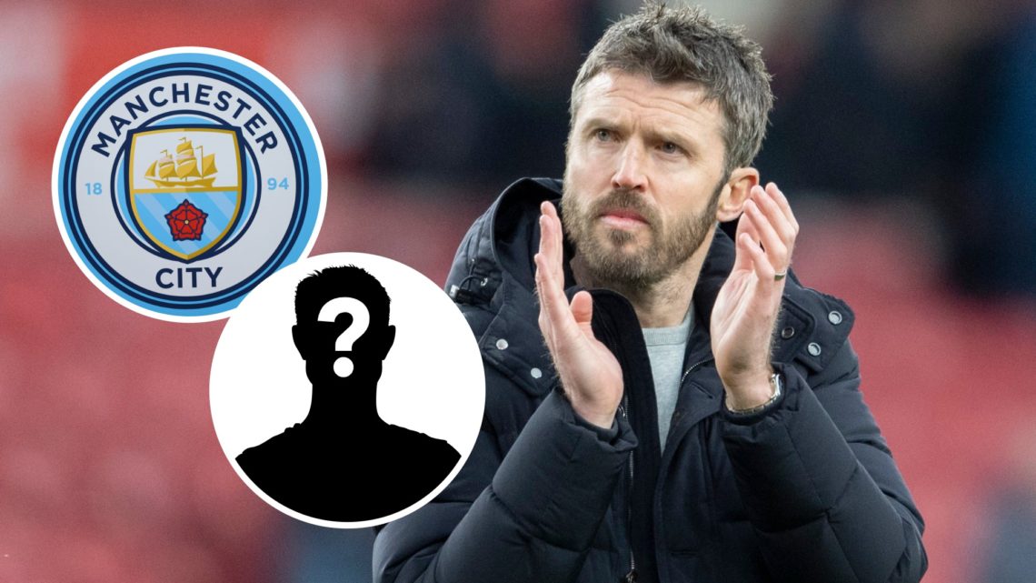 Michael Carrick with insets of Manchester City badge and mystery silhouette