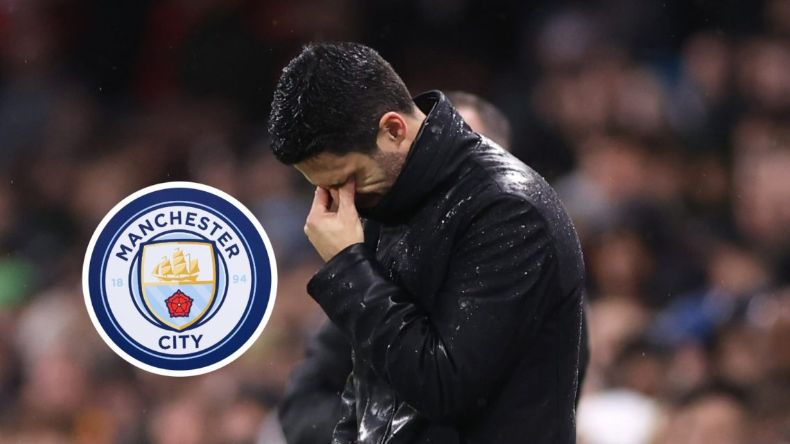 Mikel Arteta with his hand on his face (main image) inset of the Man City badge (top left corner)