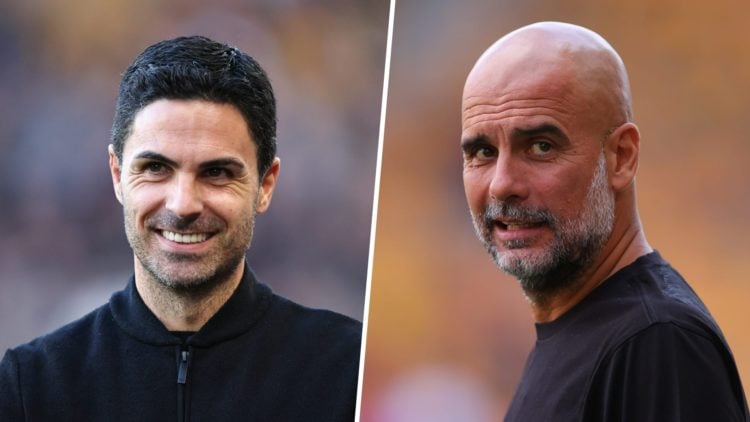 Split image - Mikel Arteta with a smile on his face (left) Man City manager Pep Guardiola looking concerned (right)