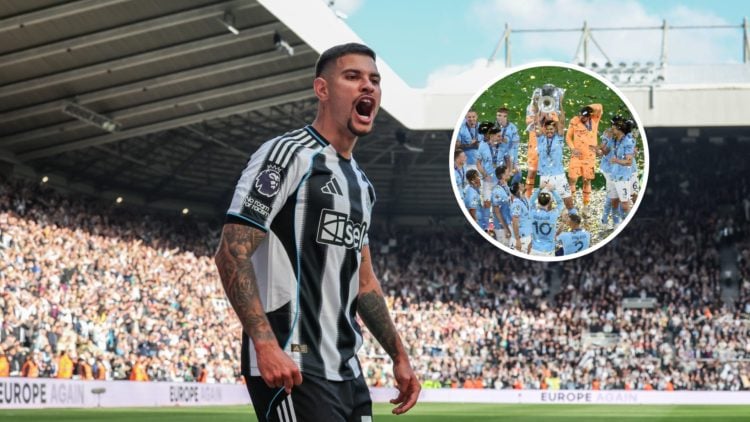 Newcastle United captain Bruno Guimaraes with inset of Manchester City midfielder Rodri