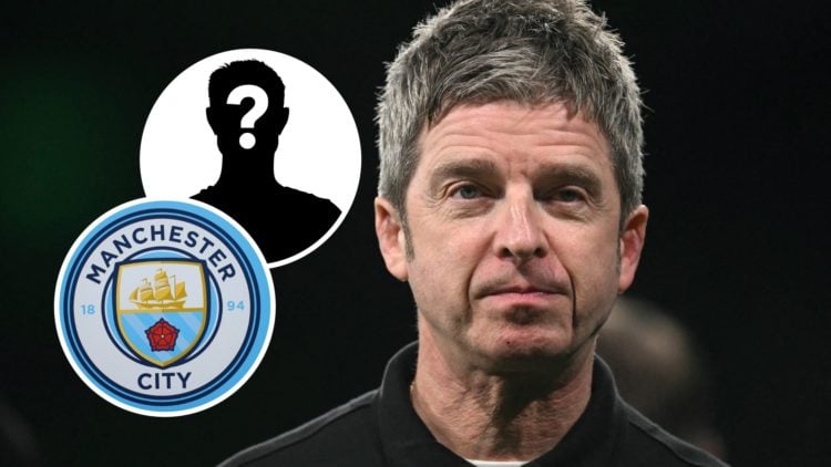 Noel Gallagher with inset of Manchester City badge and mystery silhouette