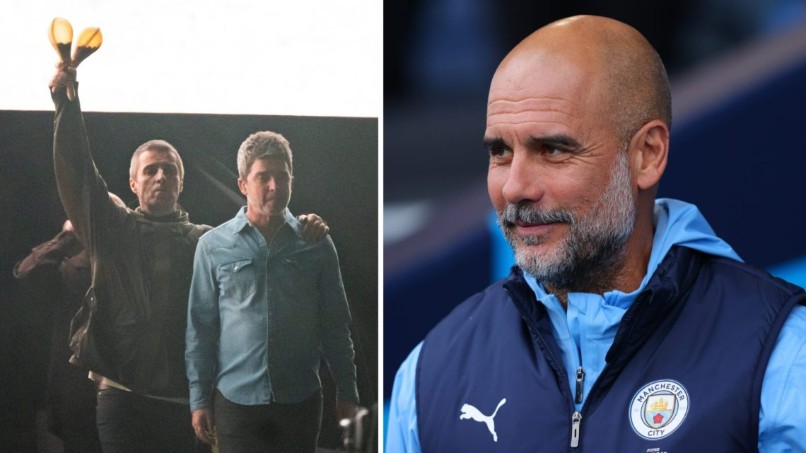 Split image - Oasis live on stage together in 2025 (left) Man City manager Pep Guardiola (right)